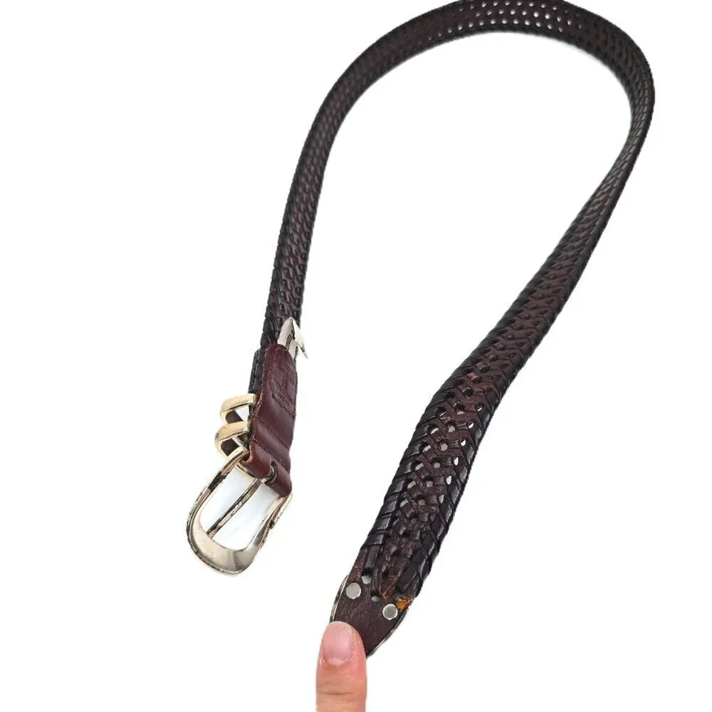Fossil Vintage Brown Braided Leather Belt Gold Buckle